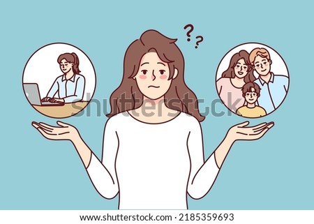 Frustrated woman making decision between family and work. Unhappy confused female think compare motherhood and job. Dilemma concept. Vector illustration. 