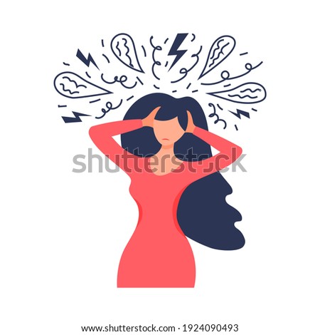 Frustrated woman with nervous problem feel anxiety and confusion of thoughts. Mental disorder and chaos in consciousness. Girl with anxiety touch head surrounded by think. Mental chaos, frustration