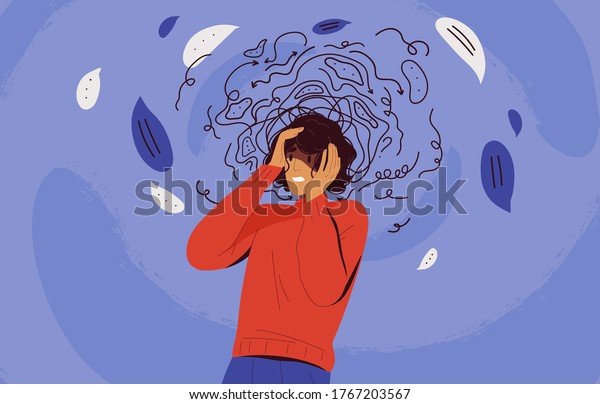 Frustrated woman with nervous problem feel anxiety\
and confusion of thoughts vector flat illustration. Mental disorder\
and chaos in consciousness. Girl with anxiety touch head surrounded\
by think