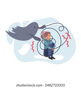 Frustrated woman with nervous problem feeling anxiety, depression and fear vector illustration