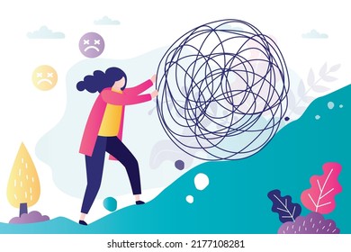 Frustrated woman pushes huge tangle of thoughts uphill. Girl trying to cope with mental problems. Female character with mental disorder climbs mountain. Overcoming difficulties. Vector illustration