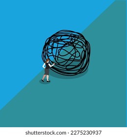 Frustrated woman pushes huge tangle of thoughts 3d isometric vector illustration concept for banner, website, landing page, ads, flyer template