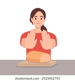 Frustrated woman refuses bread due to allergies and gluten intolerance. Flat vector illustration isolated on white background