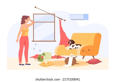 Mujer frustrada en la habitación con perro y muebles dañados. Mal comportamiento, cachorro haciendo lío en la ilustración de un vector plano. Mascotas o animales domésticos, concepto de daño para banner o página web de aterrizaje