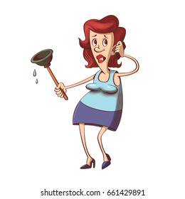 Frustrated woman with rubber plunger calling plumber, cartoon character
