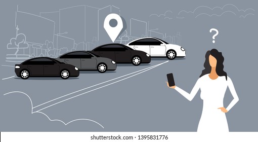 frustrated woman searching car with location geo tag on parking using mobile application carsharing concept girl holding smartphone online auto rent service sketch doodle horizontal portrait