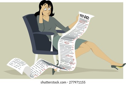 Frustrated woman sitting in a chair, holding a comically long to do list, Vector illustration, no transparencies, EPS 8