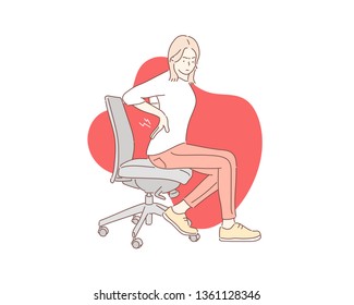 Frustrated woman suffering from back pain, massaging loins, sitting on uncomfortable office chair at workplace. Hand drawn style vector design illustrations.