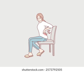 Frustrated woman suffering from back pain, massaging loins, sitting on uncomfortable office chair at workplace. Hand drawn style vector design illustrations.	