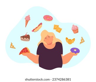 Frustrated woman surrounded by junk food vector illustration. Harm of excessive consumption of unhealthy snacks, donuts, pizza, cakes, muffins. Junk food overload, health care concept