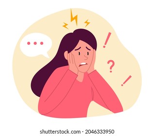 Frustrated woman talks about problem. Female character can not find solution and asks for help. Stress due to burning deadlines. Cartoon modern flat vector illustration isolated on white background