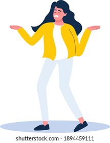 Frustrated, the woman threw out his arm to the side, despair. A girl does not know what to do, sadness. Vector flat illustration