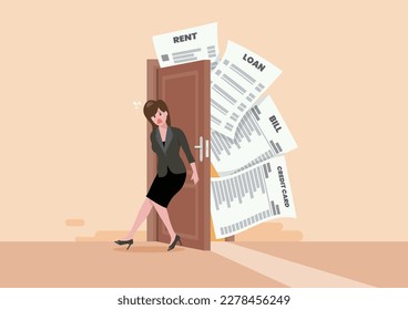 Frustrated woman try to close the door with full of debts and bills to pay. Overspend causing debt problem, financial failure or mistake, bankrupt or credit score trouble concept. Vector illustration