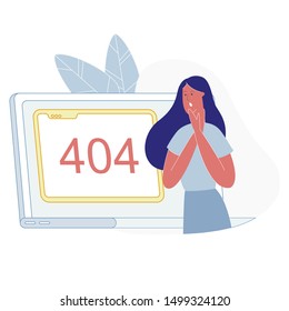 Frustrated Woman Watching on 404 Page Not Found Error Message on Computer Screen, Website Maintenance Error, Webpage Under Construction, Bug, Internet Disconnection, Cartoon Flat Vector Illustration