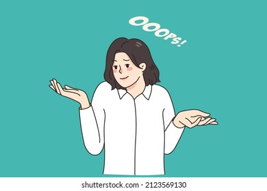 Frustrated woman with word Oops feel confused about unexpected problem or issue. Surprised female puzzled stunned by unbelievable trouble or accident. Flat vector illustration. 