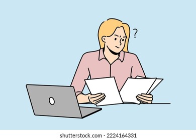 Frustrated woman working with paperwork busy at laptop. Confused female employee consider documents at workplace. Vector illustration. 