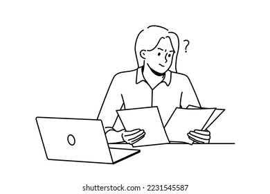 Frustrated woman working with paperwork busy at laptop. Confused female employee consider documents at workplace. Vector illustration. 