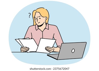 Frustrated woman working with paperwork busy at laptop. Confused female employee consider documents at workplace. Vector illustration.