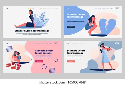 Frustrated women set. Character wearing crown, going mad, broken heart. Flat vector illustrations. Frustration, mental problem, heartbreak concept for banner, website design or landing web page