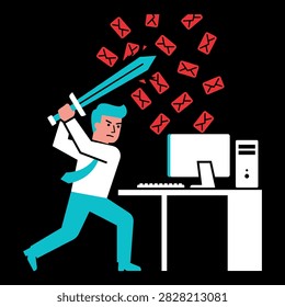 Frustrated worker attacks office computer with a large sharp sword