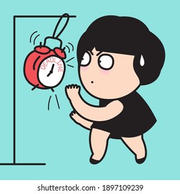 Frustrated Worker Girl Ready To Throw A Punch And Fight Against Alarm Clock Ringing With Deadline Word. Job Burnout Concept Card Character illustration