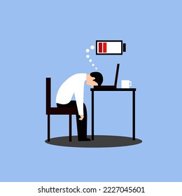 Frustrated worker mental health problems. Tired male manager in office sitting with head down on laptop. Vector long work day illustration