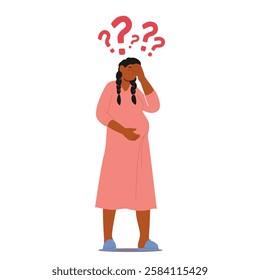 Frustrated worried pregnant woman cartoon character touching head feeling bad and misunderstanding standing under question mark signs isolated on white. Pregnancy problem vector illustration