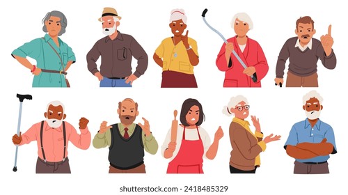 Frustrated Wrinkles, Furrowed Brows, And Fiery Eyes Reveal The Discontent Of Angry Elderly People, Their Years Of Experience Amplifying The Intensity Of Their Displeasure. Cartoon Vector Illustration