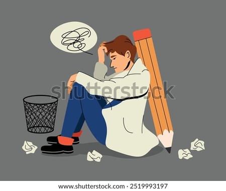 Frustrated Young Book Writer Thinking Hard , Symbolizing Creative Idea and Problem Solving – Vector Illustration