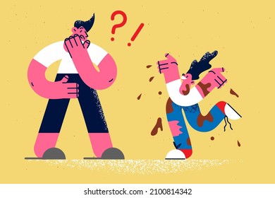 Frustrated young father confused by dirty ill-behaved happy son playing in mud. Shocked dad stunned by kid child appearance. Upbringing and parenthood concept. Vector illustration. 