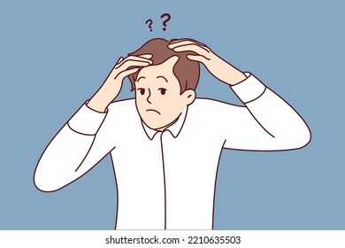 Frustrated young man anxious about receding hair. Worried male confused with hair loss or baldness. Skin problems and beauty. Vector illustration. 