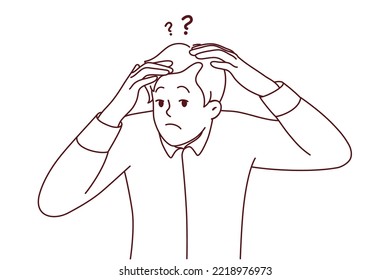 Frustrated young man anxious about receding hair. Worried male confused with hair loss or baldness. Skin problems and beauty. Vector illustration.