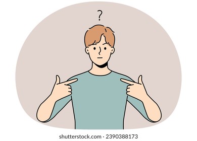 Frustrated young man feel confused point at himself. Unhappy guy feeling anxious showing with finger at him. Confusion and frustration.