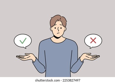 Frustrated young man feel unsure or doubtful about making decision. Confused guy think doubt about problem solution. Dilemma concept. Vector illustration. 