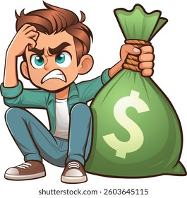 Frustrated young man holding a large bag with dollar sign. Financial stress or burden in genz, struggling with debt, bills or financial responsibilities. Concept Editable Vector Illustration