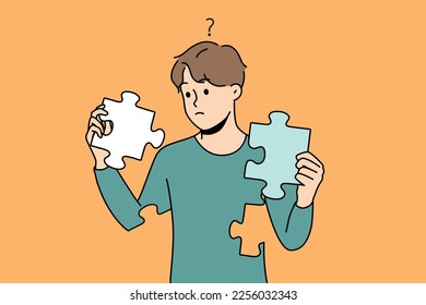 Frustrated young man with jigsaw puzzles in hands rebuild personality. Concept of mental and psychological disorder. Psychology treatment and recovery. Vector illustration. 