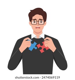 Frustrated young man with jigsaw puzzles in hands rebuild personality. Flat vector illustration isolated on white background