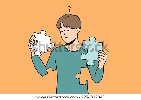 Frustrated young man with jigsaw puzzles in hands rebuild personality. Concept of mental and psychological disorder. Psychology treatment and recovery. Vector illustration.  Stockfoto © 