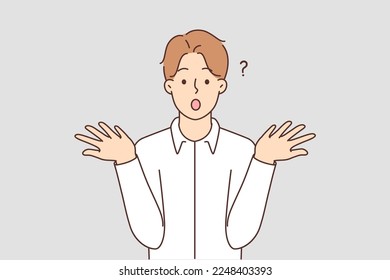 Frustrated young man make hand gesture astonished with news or message. Confused male surprised shocked with unexpected information. Vector illustration. 