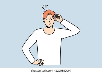 Frustrated young man think of problem solution. Pensive guy feel confused and doubtful solving trouble or issue. Dilemma. Vector illustration. 