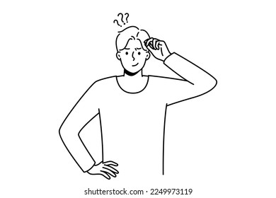 Frustrated young man think of problem solution. Pensive guy feel confused and doubtful solving trouble or issue. Dilemma. Vector illustration. 