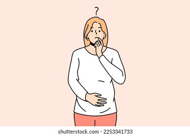 Frustrated young pregnant woman touch belly feeling doubtful thinking. Confused female feel questionable and unsure about pregnancy. Vector illustration. 