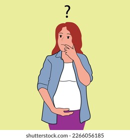 Frustrated young pregnant woman touch belly feeling doubtful thinking. Confused female feel questionable and unsure about pregnancy. Vector illustration.