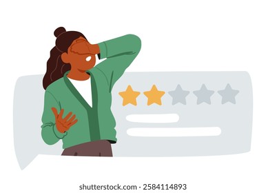 Frustrated young woman cartoon character feeling upset due to low rating customer review result vector illustration. Girl feeling stress caused negative decisions and feedback of clients or followers