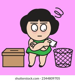 Frustrated Young Woman Is Deciding To Put Election Bill In Trash Instead Of Voting Ballot Box Concept Card Character illustration
