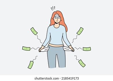 Frustrated Young Woman With Empty Pockets Suffer From Bankruptcy. Unhappy Sad Female Struggle With Debt Or Financial Problems. Vector Illustration. 