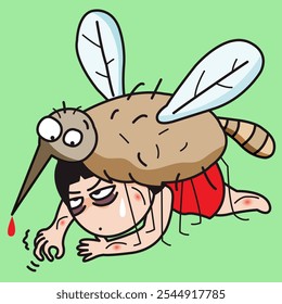 Mulher Jovem Frustrada Sendo Comida Por Um Mosquito Gordo Conceito Desenho Animado Personagem ilustração