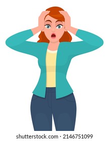 Frustrated young woman holding hands on her head. Scared or shocked girl's expression. Unhappy sad female person screaming. Emotional stress. Worried people concept illustration in vector cartoon.