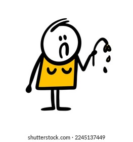 A frustrated young woman holds a flower stalk with fallen petals in her hands. Vector symbolic illustration of a girl who was unlucky in love.