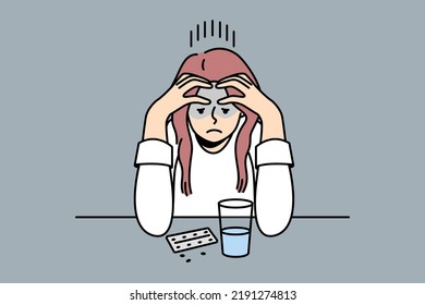 Frustrated young woman sit at desk thinking of taking pills. Unhappy confused female doubt about medication getting. Medicine and healthcare problem. Vector illustration. 